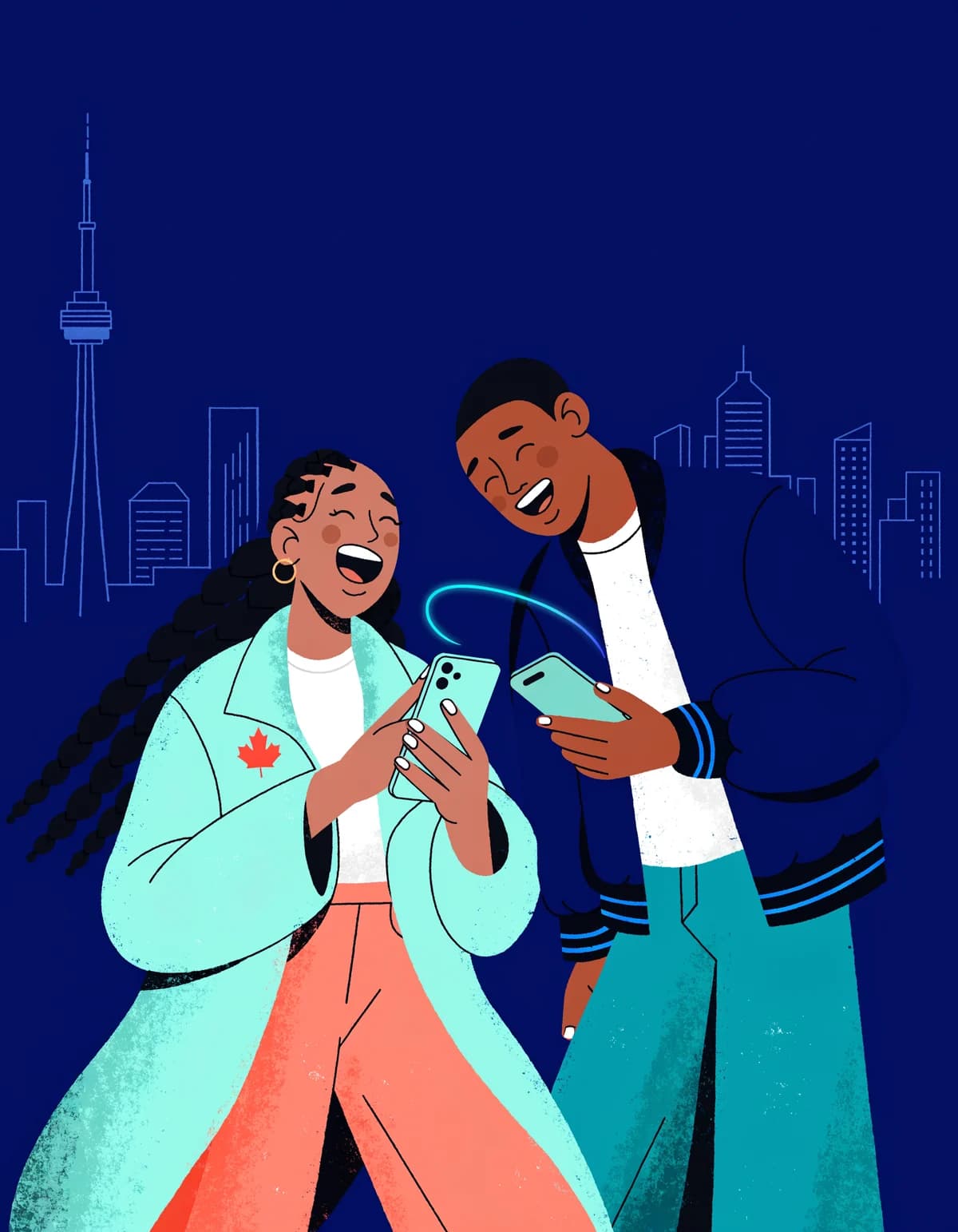 Illustration of two friends sharing a Payva referral link, with the Toronto skyline behind them