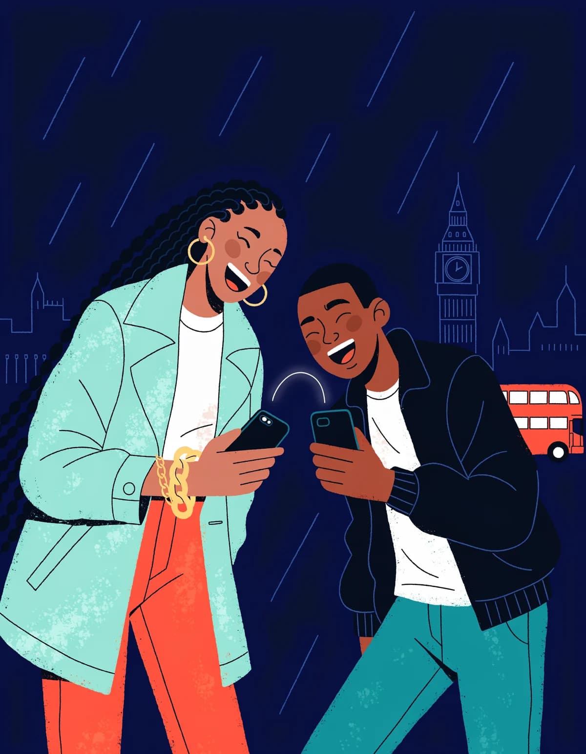 Illustration of two friends sharing a Payva referral link, with the London skyline behind them